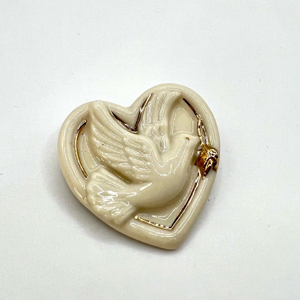 Vintage signed Lenox 24k Gold Trim Peace Dove Heart shaped Porcelain Pin